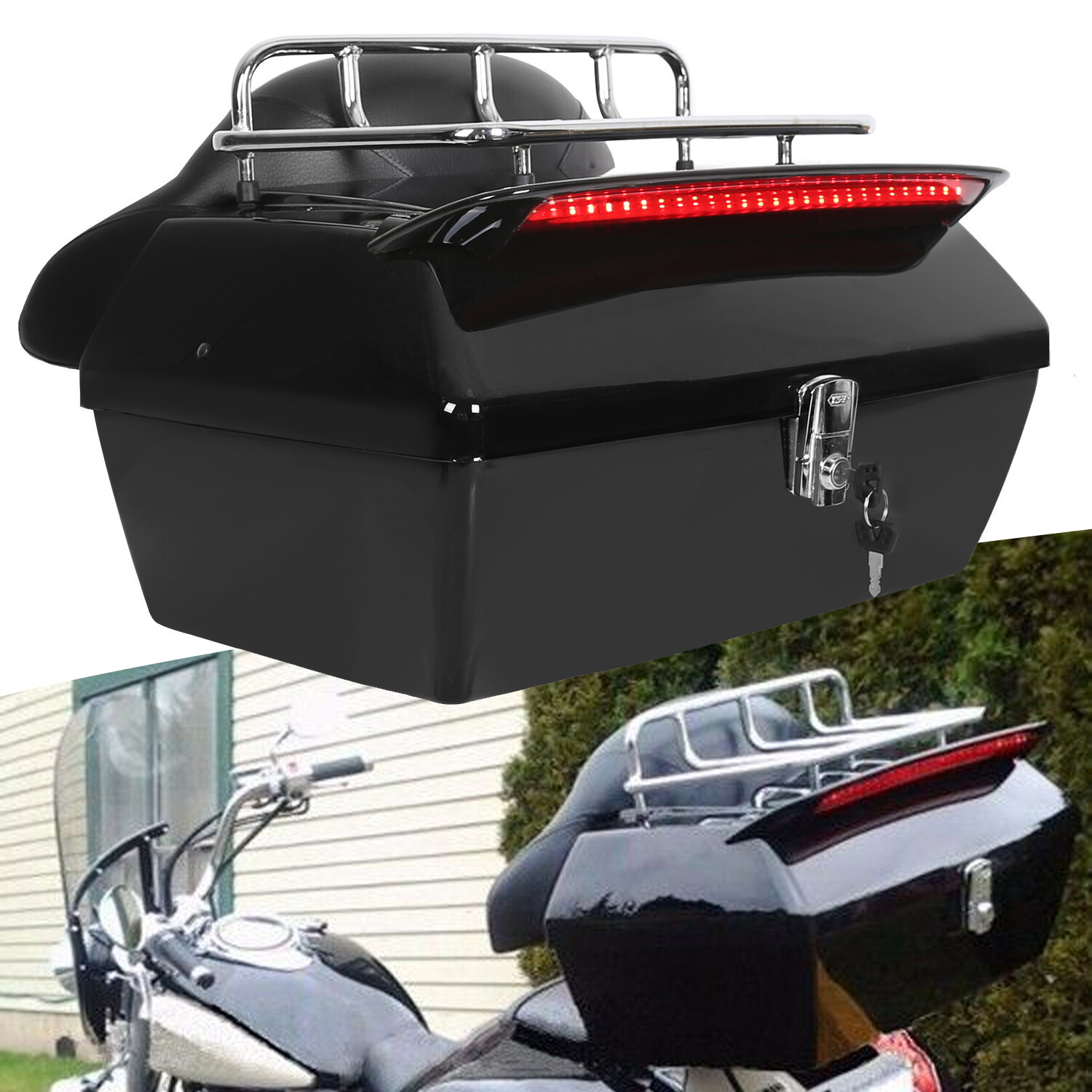Hard Motorcycle Trunk Luggage For Harley Honda Shadow VTX W/ Tail Light & Rack